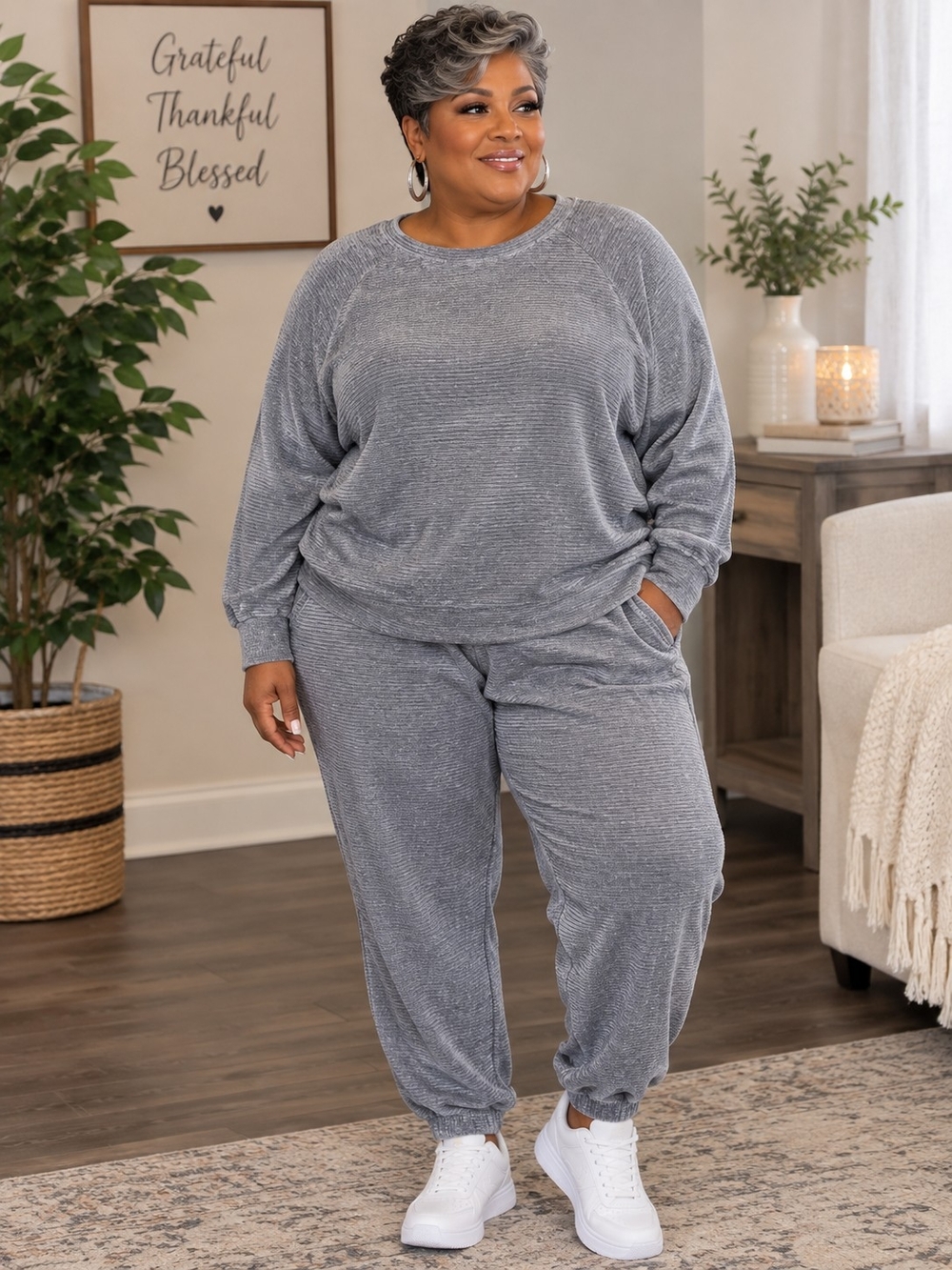 Livi Active Cozy Chenille Lounge Set in Gray w/Sequin